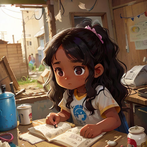 a girl sitting at a table with a book and pen in her hand and a blue pot in the background