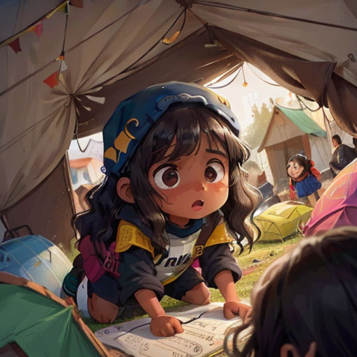 a girl is sitting on the ground in a tent reading a book while another girl looks on from the ground