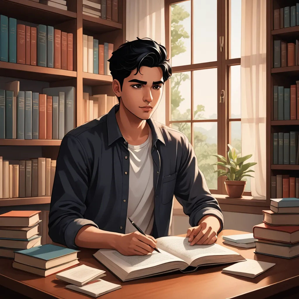 a man sitting at a desk with a book and pen in his hand and a book in front of him, sots art, a character portrait, Everett Warner, kinkade