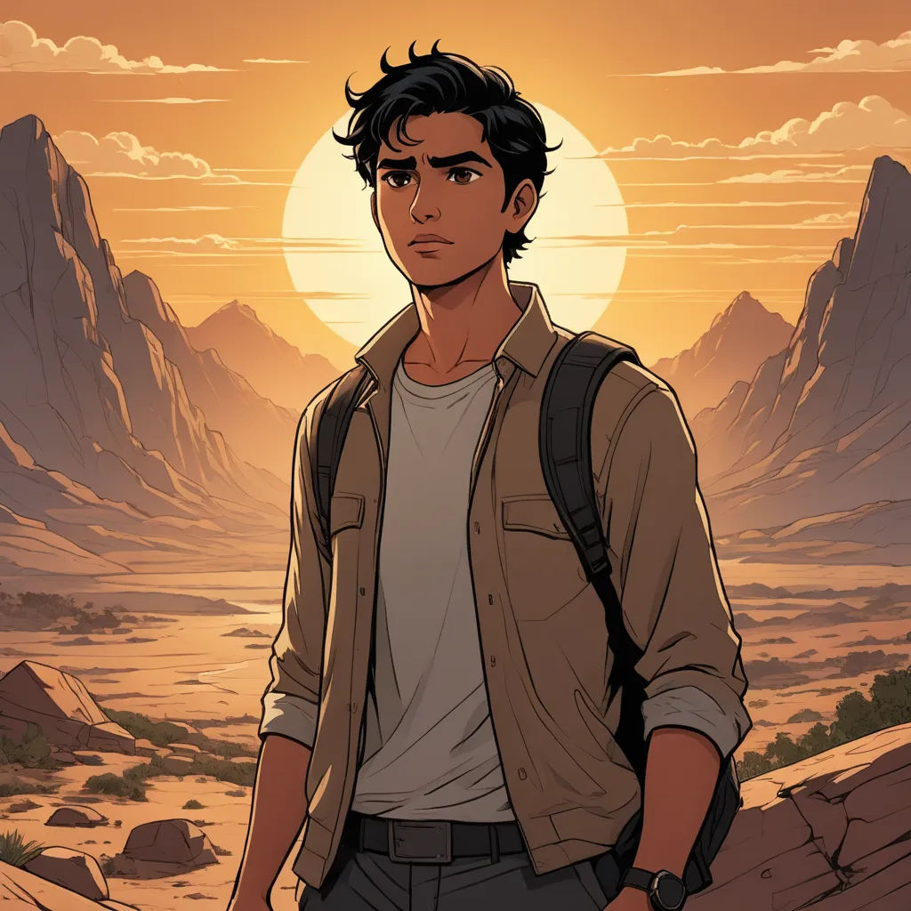 a man standing in front of a mountain with a sunset behind him and a backpack on his back,, serial art, a character portrait, Everett Warner, official art