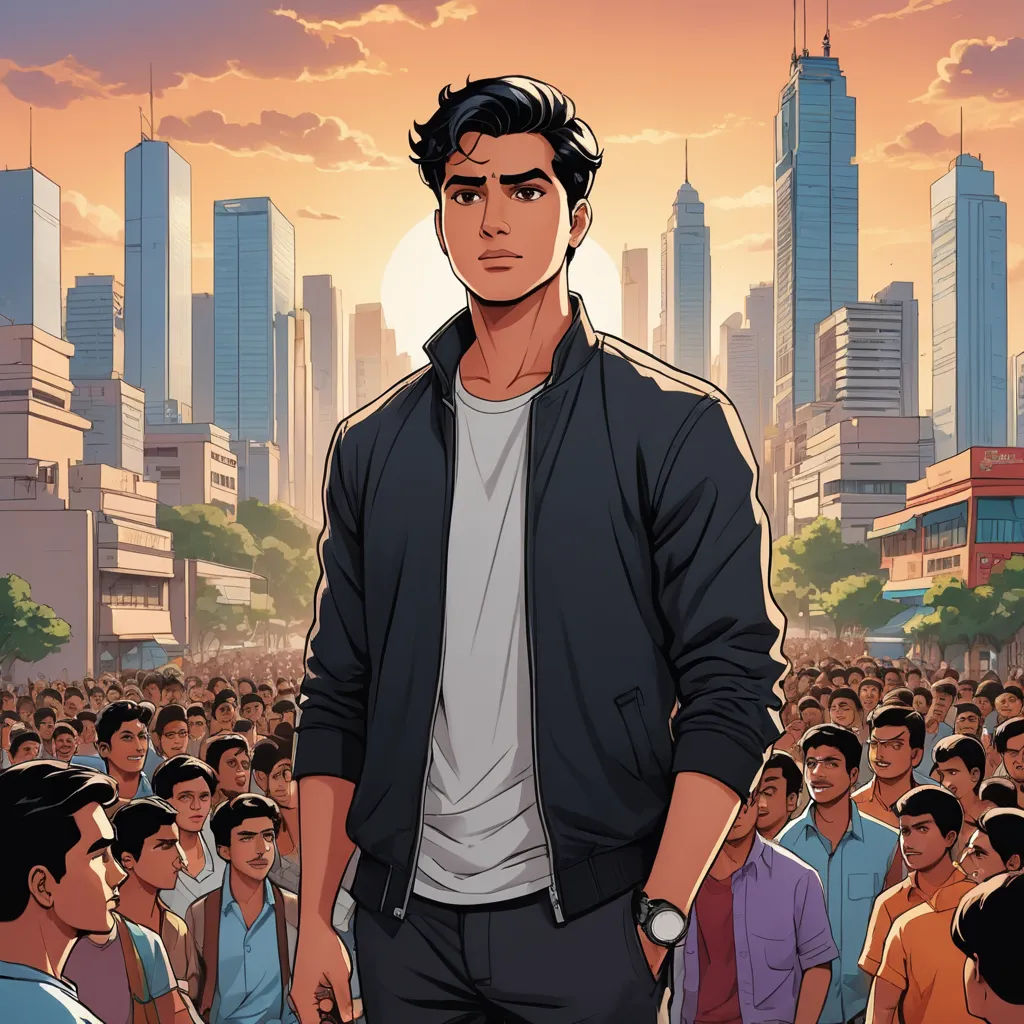 a man standing in front of a crowd of people in a city with tall buildings in the background and a sunset, samikshavad, a comic book panel, Adam Manyoki, comic cover art
