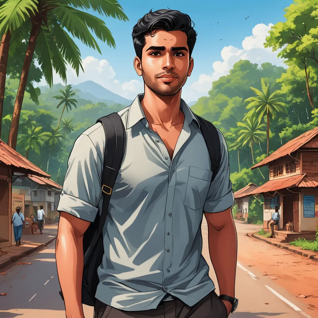 a man with a backpack is walking down a street in a tropical area with palm trees and buildings in the background, samikshavad, a character portrait, Bikash Bhattacharjee, jayison devadas