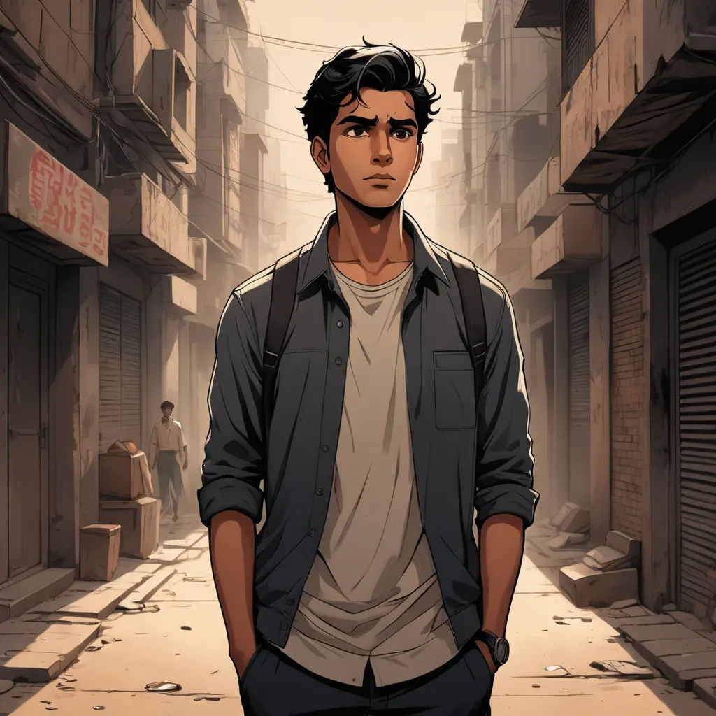 a man standing in a narrow alley way with a backpack on his back and a man in the background, serial art, a character portrait, Amir Zand, official art