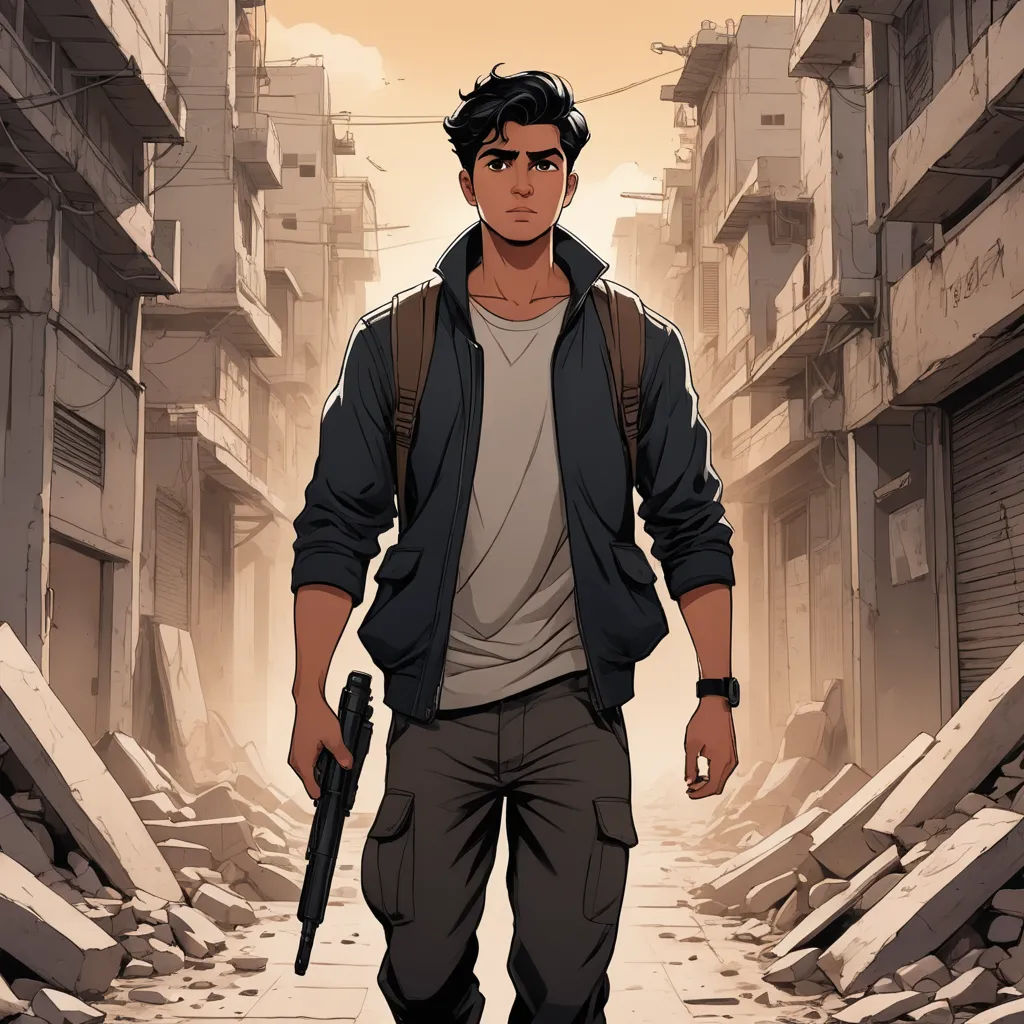 a man with a gun walking down a street in a city with rubble and buildings on either side of him, serial art, a comic book panel, Asaf Hanuka, official art
