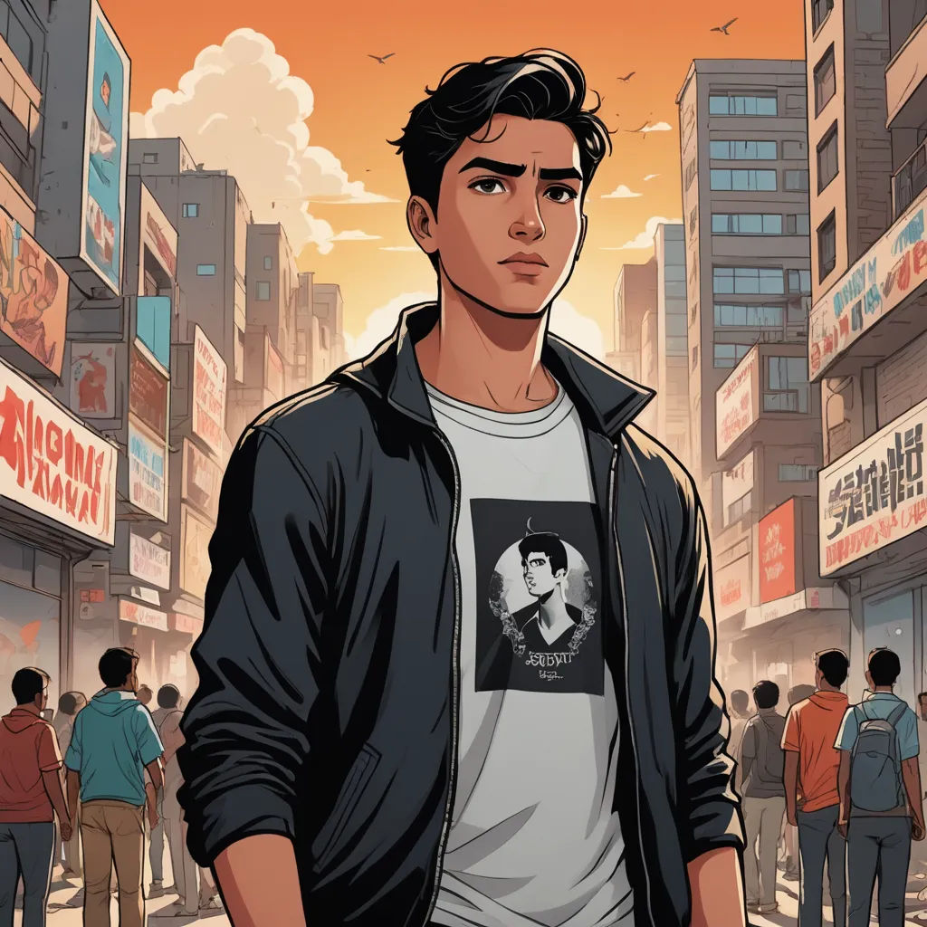 a man standing in front of a crowd of people in a city with a sunset in the background and a man in a t - shirt with a black jacket, sots art, a character portrait, Cedric Seaut (Keos Masons), graphic novel