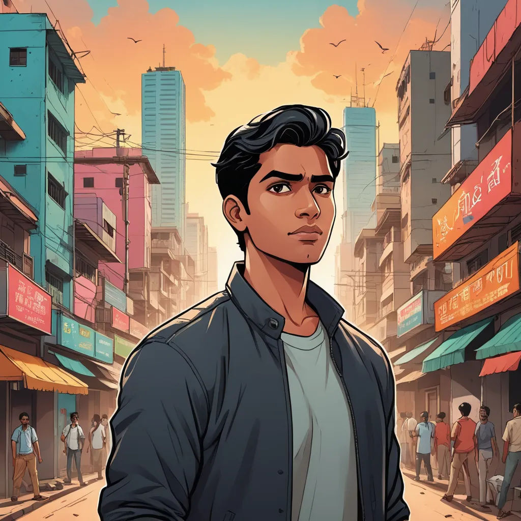 a man standing in a city street with a cityscape in the background and people walking around him, samikshavad, a character portrait, Bikash Bhattacharjee, comic cover art