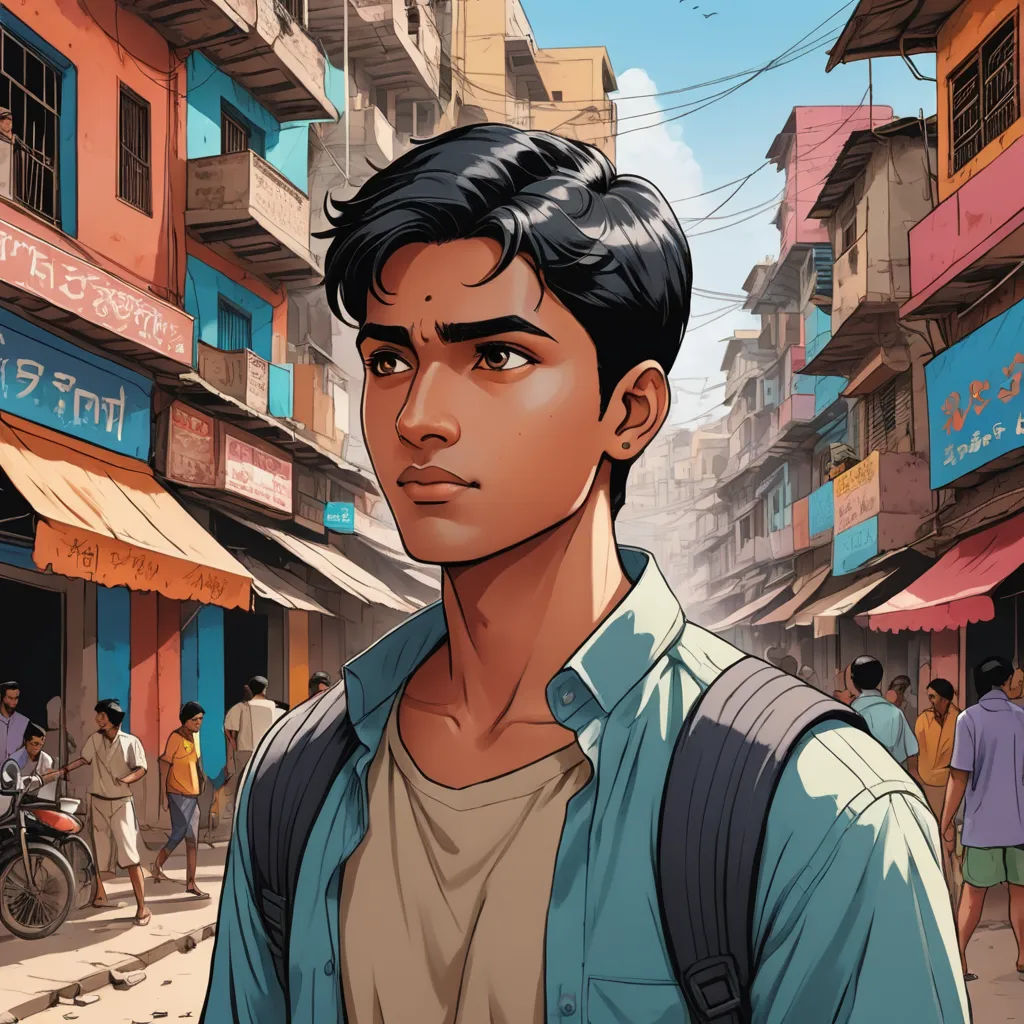 a man standing in front of a street with a backpack on his shoulder and people walking around him on the other side of the street, samikshavad, a comic book panel, Bikash Bhattacharjee, graphic novel
