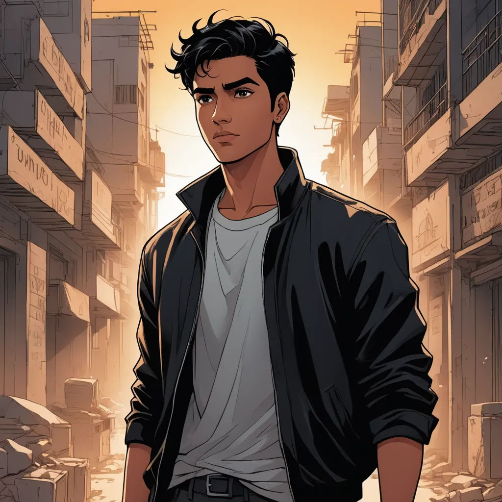 a man in a black jacket standing in a city street with buildings in the background and a yellow sky, sots art, a character portrait, Everett Warner, official art