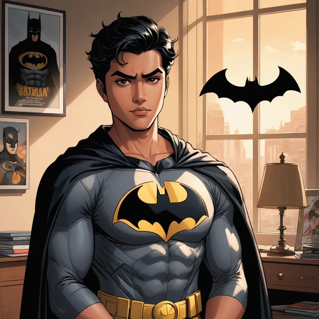a man in a batman costume standing in a living room with a window behind him and a batman poster on the wall, fine art, a comic book panel, Everett Warner, comic cover art