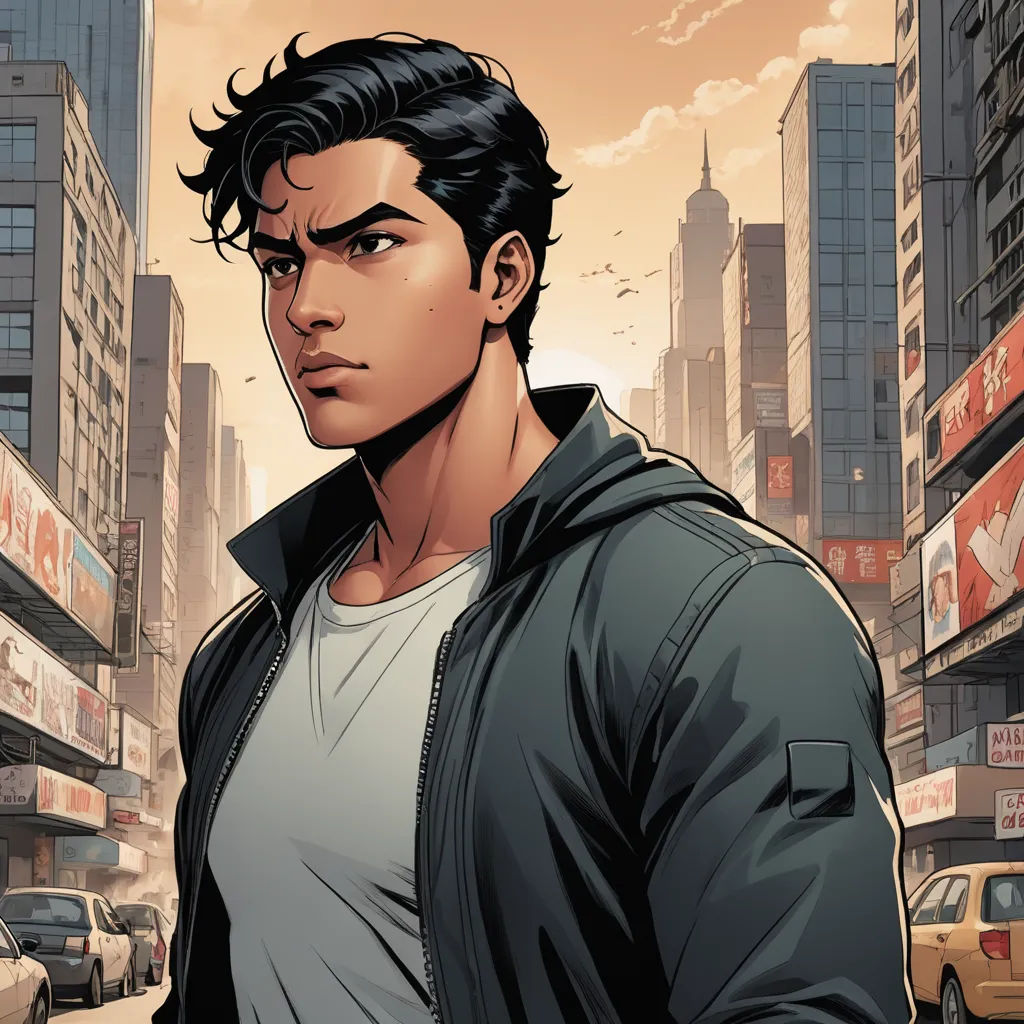 a man in a city street with a cityscape in the background and a cityscape in the foreground, harlem renaissance, a comic book panel, Everett Warner, yukito kishiro