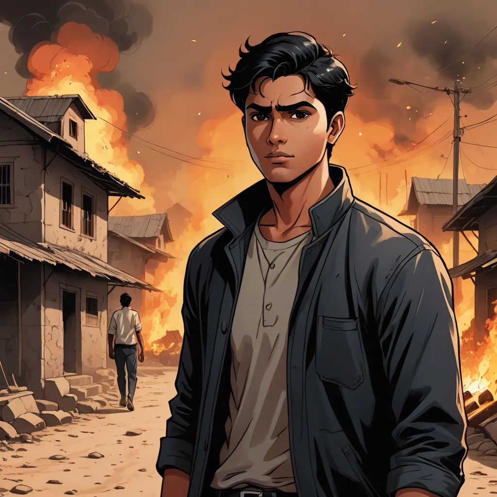 a man standing in front of a fire with a building on fire in the background and a man walking away, serial art, a comic book panel, Dustin Nguyen, comic cover art