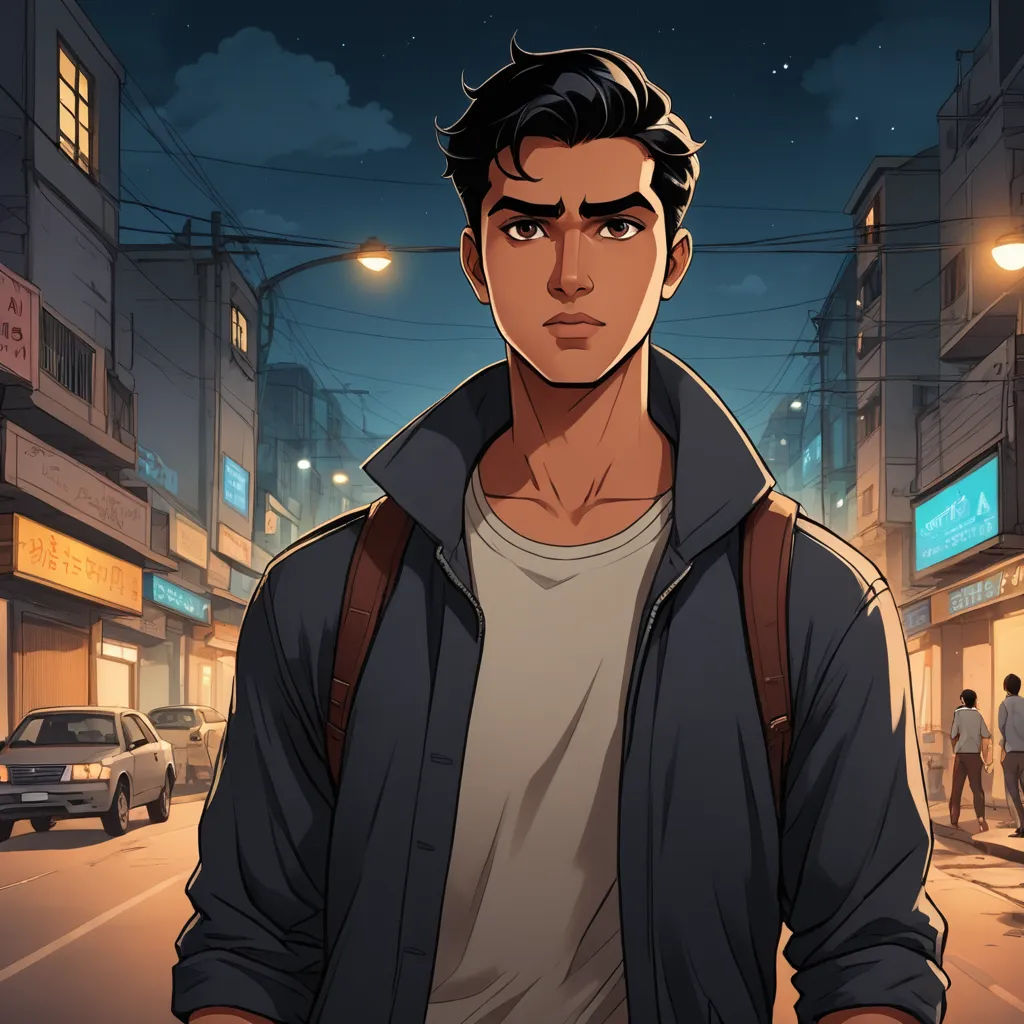 a man standing in the middle of a street at night with a backpack on his shoulder and a backpack on his shoulder, serial art, a character portrait, David Park, rossdraws global illumination