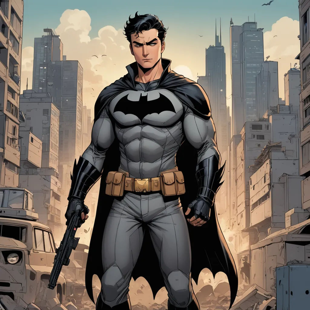 a man in a batman costume standing in a city with a gun in his hand and a gun in his other hand, process art, a comic book panel, Dustin Nguyen, comic cover art