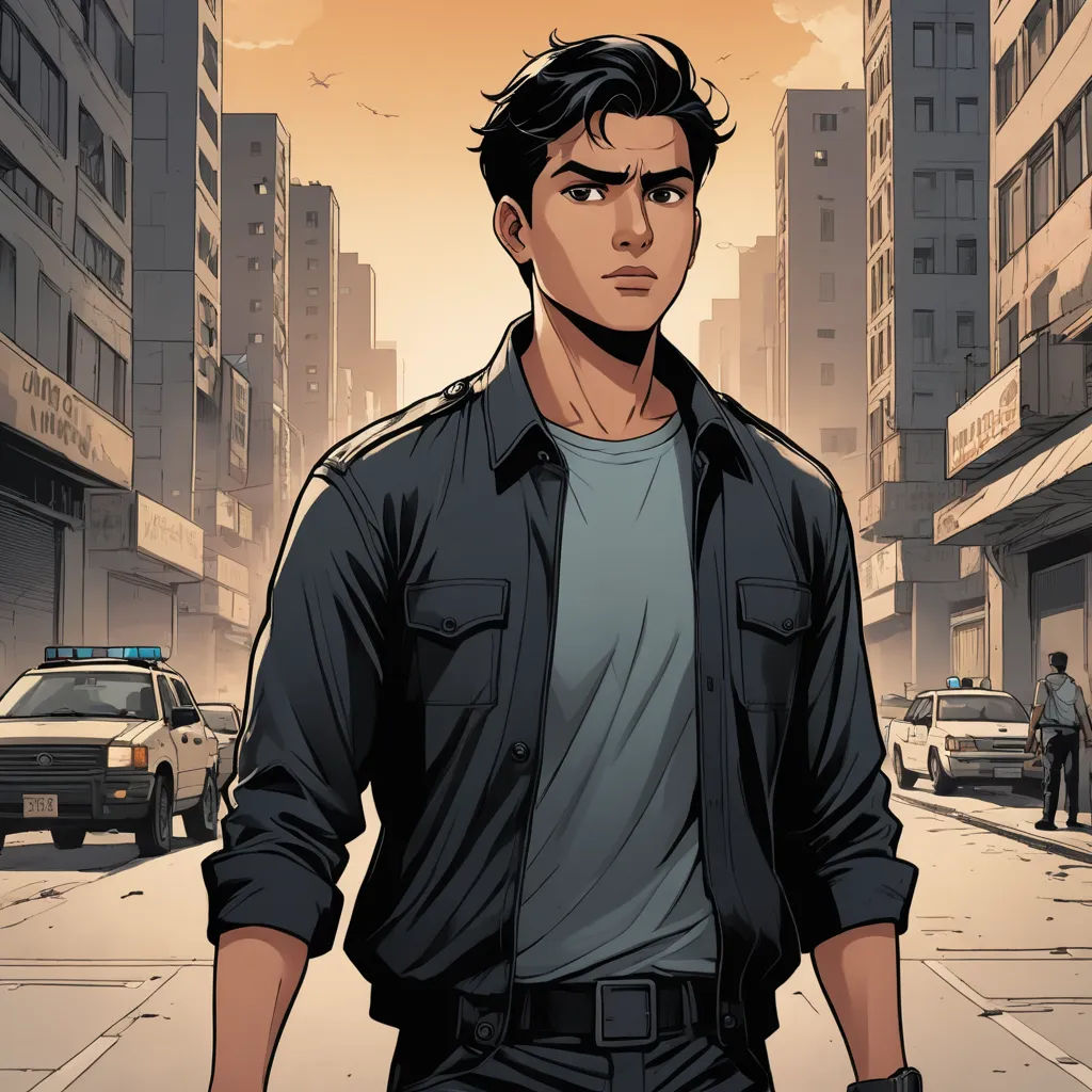 a man in a black shirt and a police car in the background with a city street and buildings in the foreground, serial art, a comic book panel, David Park, comic cover art