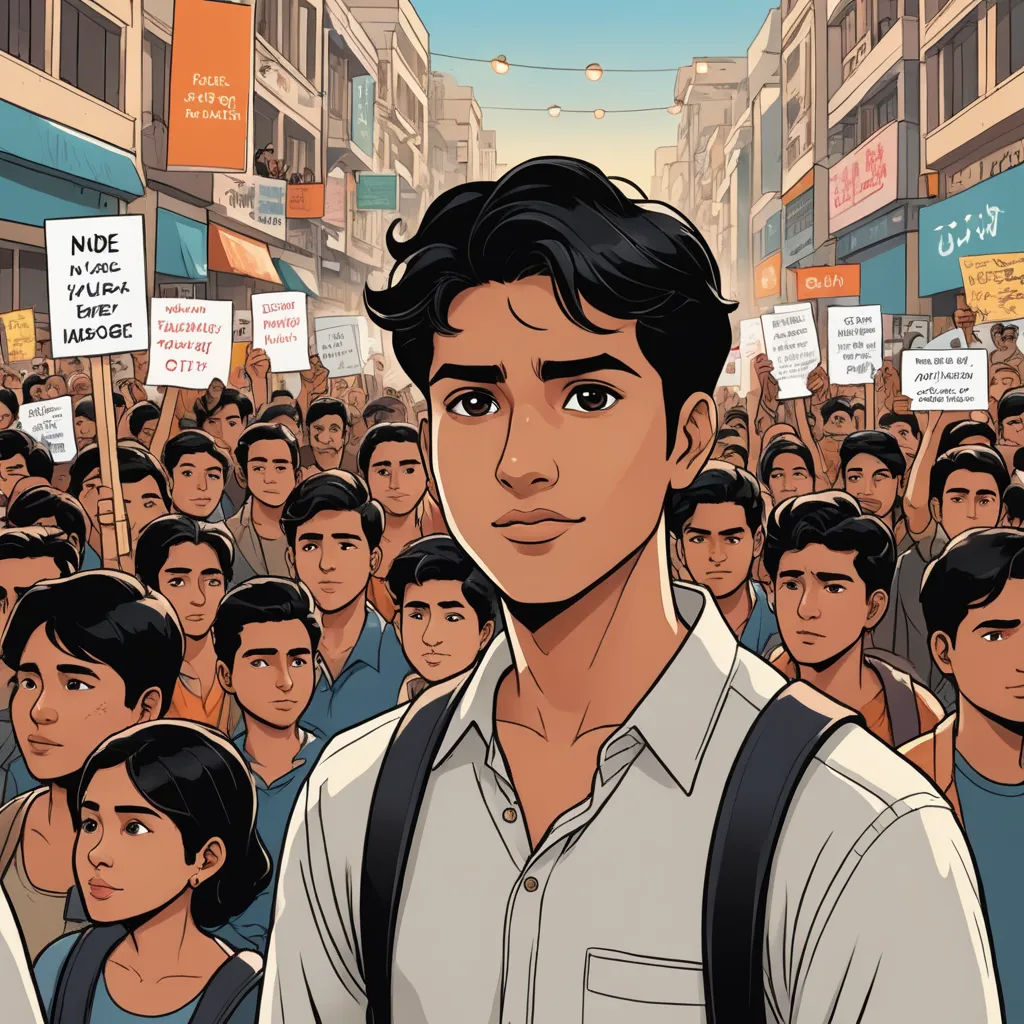 a man standing in front of a crowd of people holding signs and a backpack on his shoulder and a sign that says no more, hurufiyya, a comic book panel, Asaf Hanuka, graphic novel