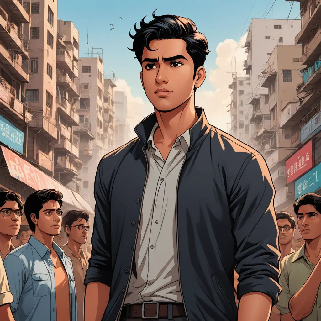 a man standing in front of a crowd of people in a city with buildings and signs on the sides, sots art, a comic book panel, Du Jin, graphic novel
