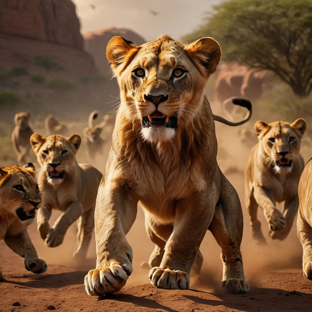 a group of lions running across a dirt field with trees in the background and a mountain in the background, photorealism, concept art, Chris LaBrooy, photoreal