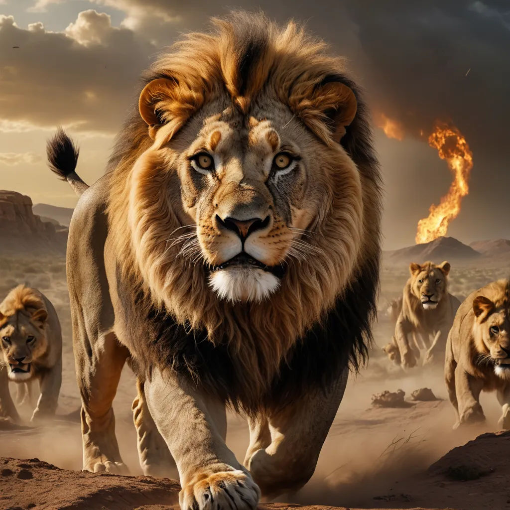 a group of lions running across a desert landscape with a sky background and clouds in the background, with a fire coming from the top of the lion, fantastic realism, a poster, Chris LaBrooy, epic composition