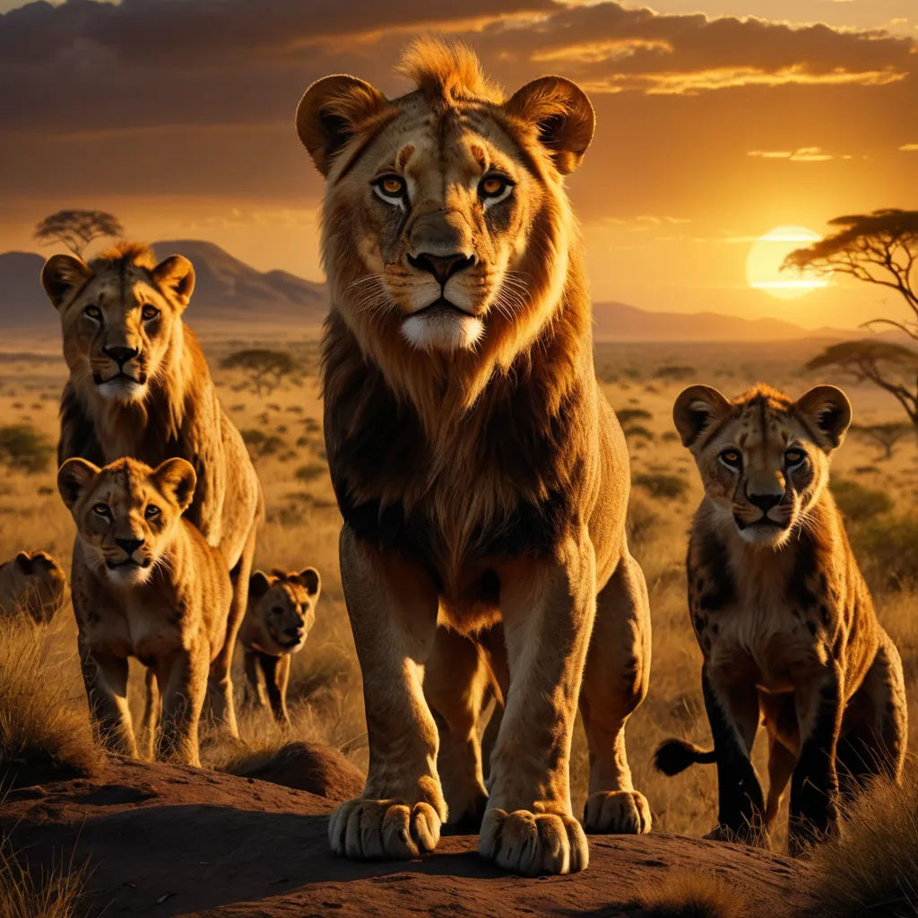 a group of lions standing on top of a dirt field next to a tree and a sunset in the background, rayonism, a poster, Chris LaBrooy, wildlife photography