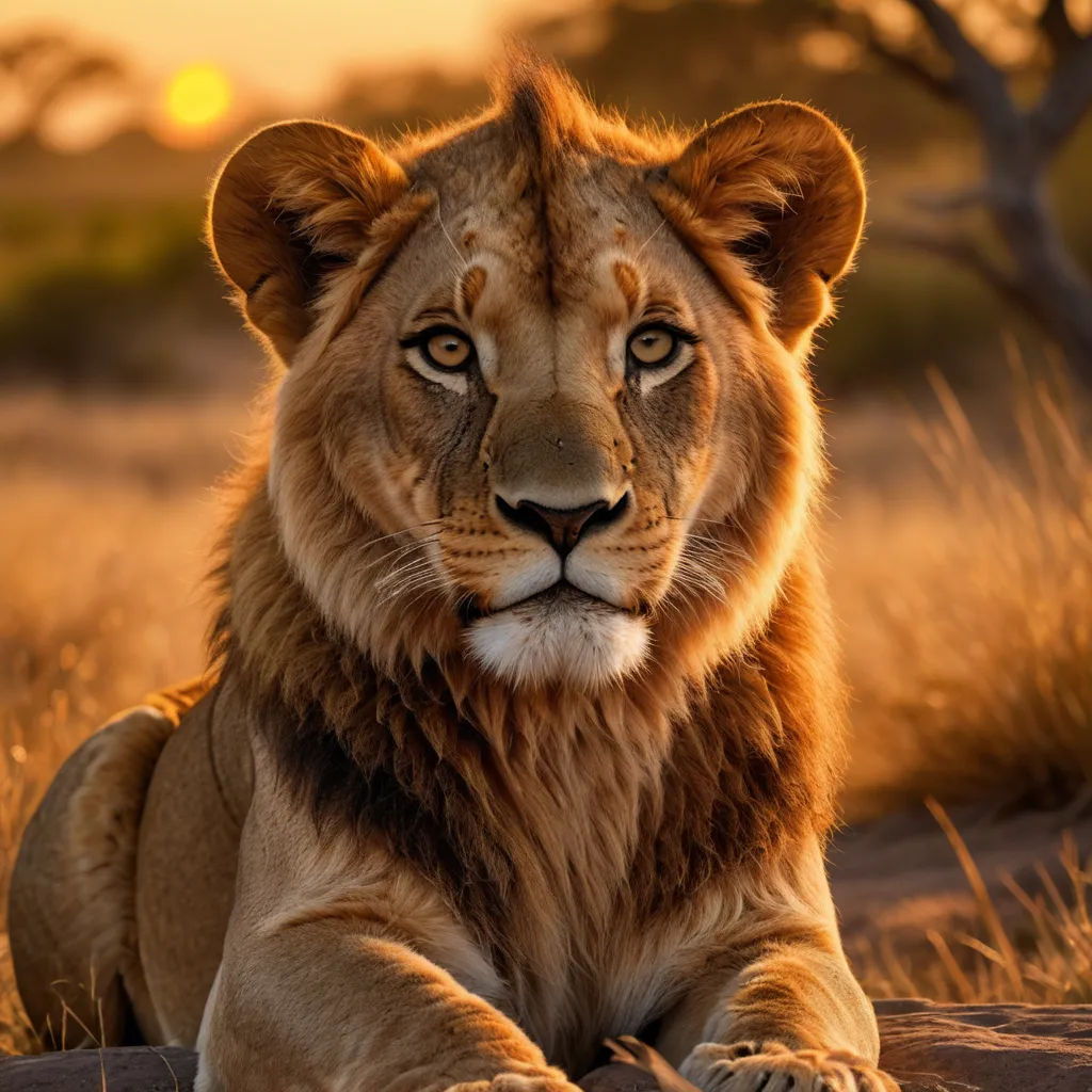 a lion sitting in the grass with a sunset in the background and a tree in the background with a few branches, naturalism, a photorealistic painting, Daniel Lieske, wildlife photography