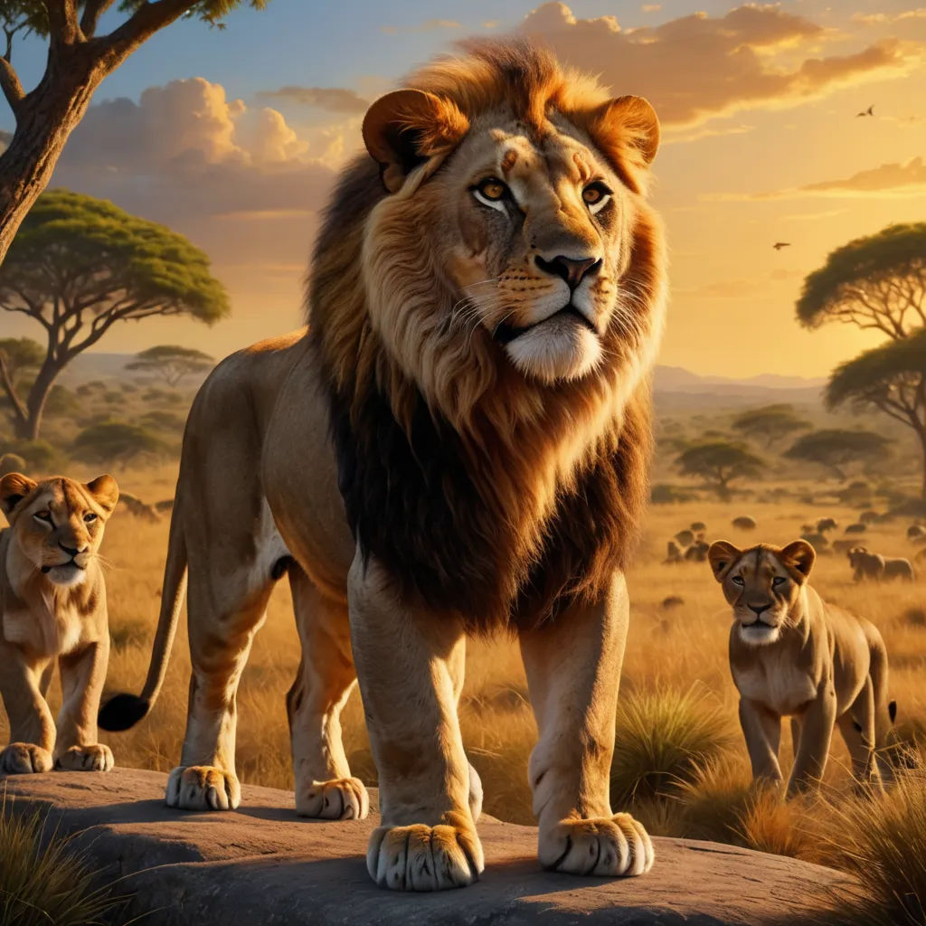 a lion standing on a rock with other lions in the background at sunset or dawn in the wild,, furry art, a matte painting, Chris LaBrooy, photoreal