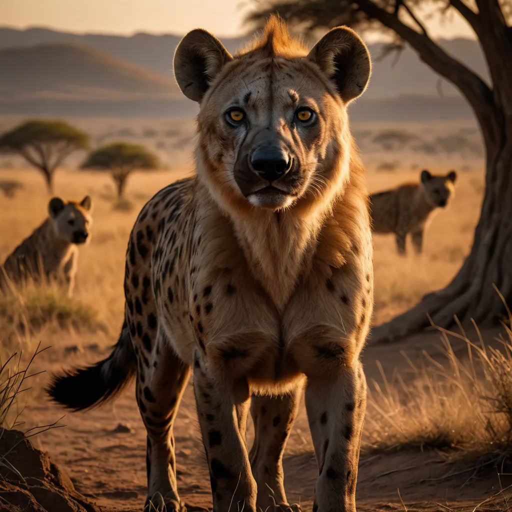 a hyena standing in the middle of a field with other hyenas in the background at sunset, mannerism, a stock photo, Arie Smit, wildlife photography