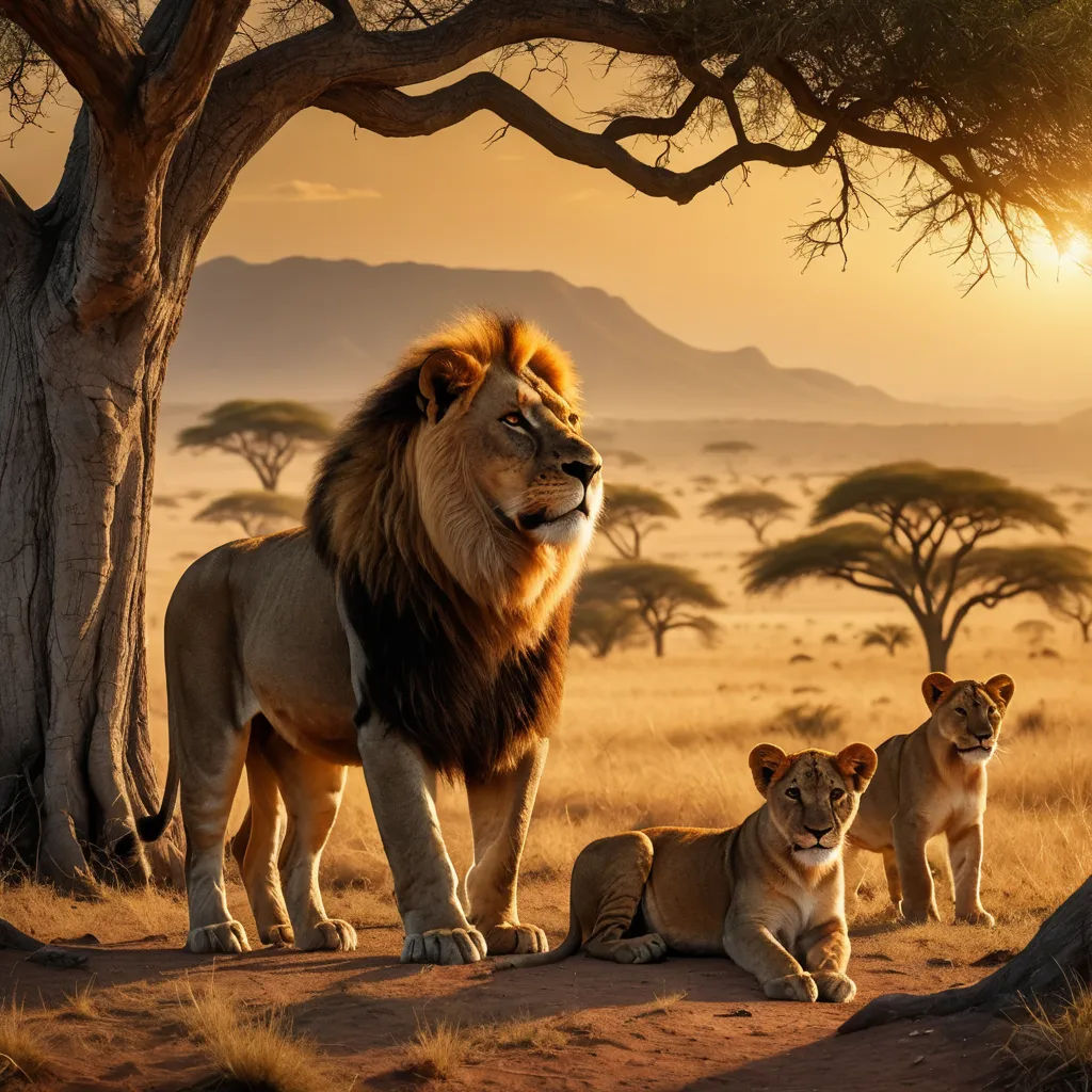 a lion and two cubs sitting under a tree in the wild at sunset with a mountain in the background, art photography, a matte painting, Chris LaBrooy, wildlife photography