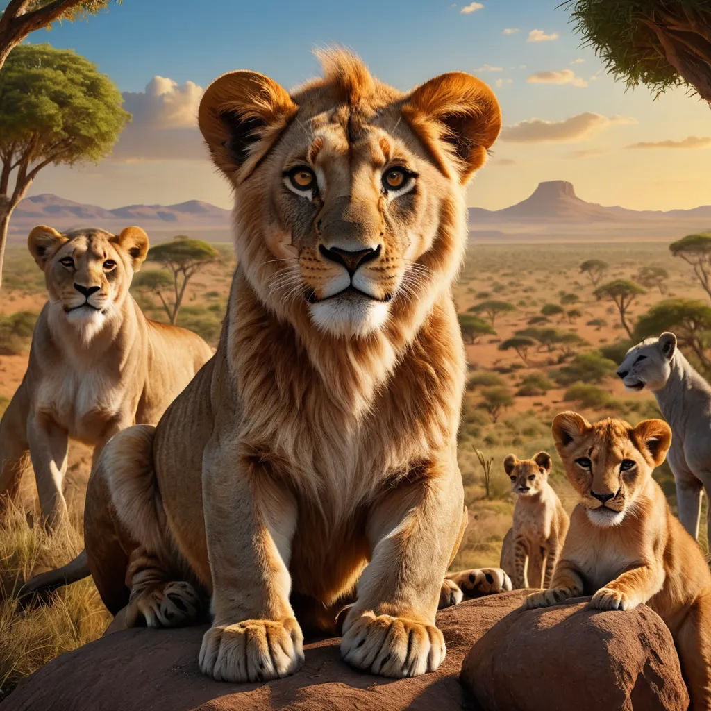 a group of lions sitting on top of a rock in the middle of a field with trees and mountains in the background, photorealism, a poster, Chris LaBrooy, photoreal