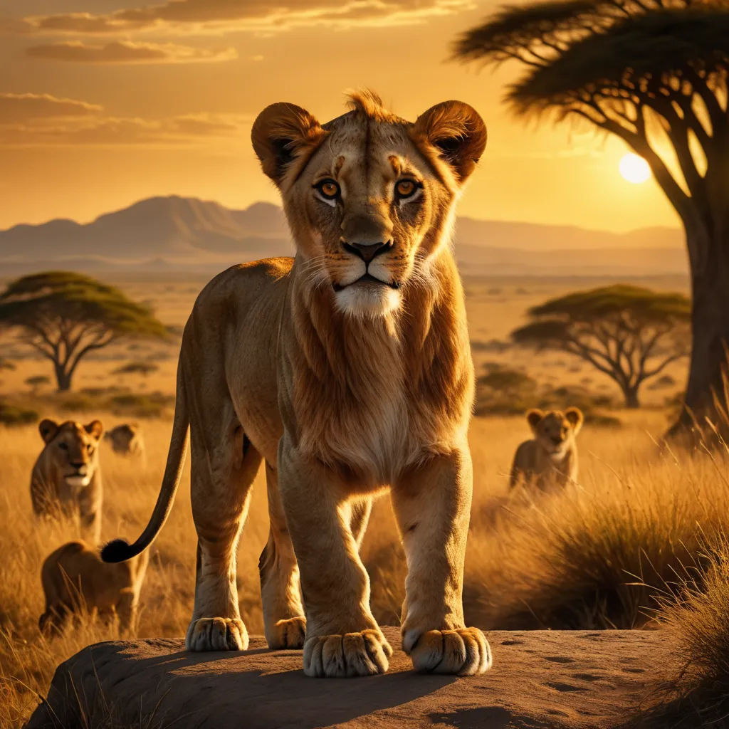 a lion standing on a rock in the middle of a field with other lions in the background at sunset, photorealism, a matte painting, Chris LaBrooy, wildlife photography