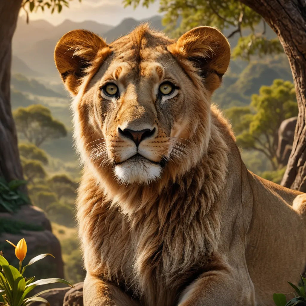 a lion sitting in the grass next to a tree and a mountain range with a bird flying over it, photorealism, a 3D render, Chris LaBrooy, photoreal