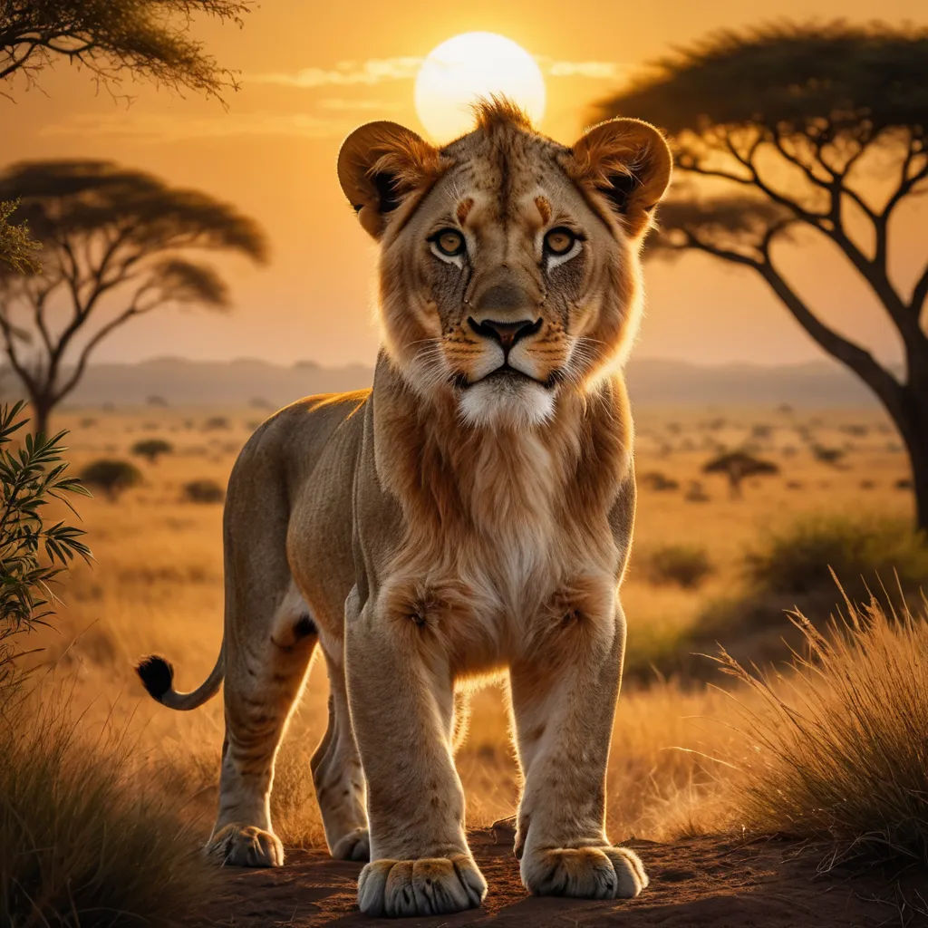 a lion standing on a dirt road in the middle of a field with trees in the background and a sun setting, art photography, a photorealistic painting, Chris LaBrooy, wildlife photography
