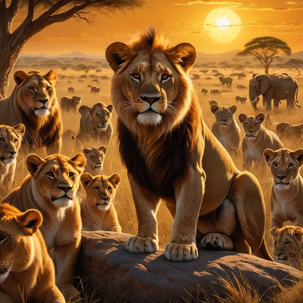 a painting of a lion and his cubs in the wild at sunset with a sunset in the background and a group of lions in the foreground, furry art, an oil painting, Brothers Hildebrandt, wildlife photography