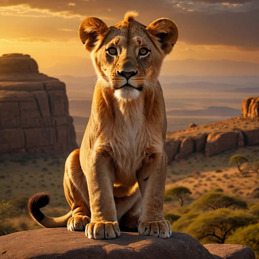 a lion cub sitting on a rock in the desert at sunset with a view of the mountains and valley, photorealism, a colorized photo, Chris LaBrooy, photoreal