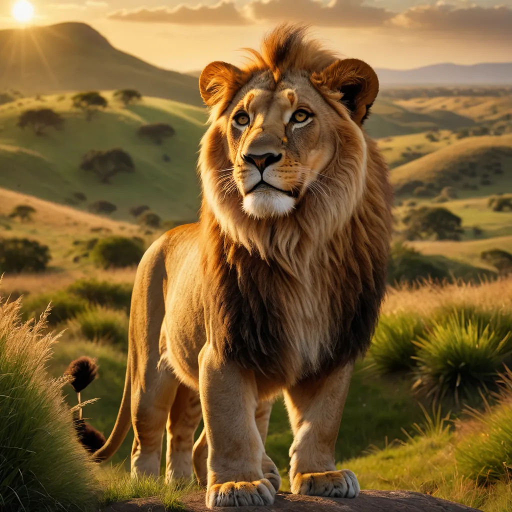a lion standing on a hill with a sunset in the background and hills in the background, with grass and bushes, photorealism, a 3D render, Chris LaBrooy, photoreal