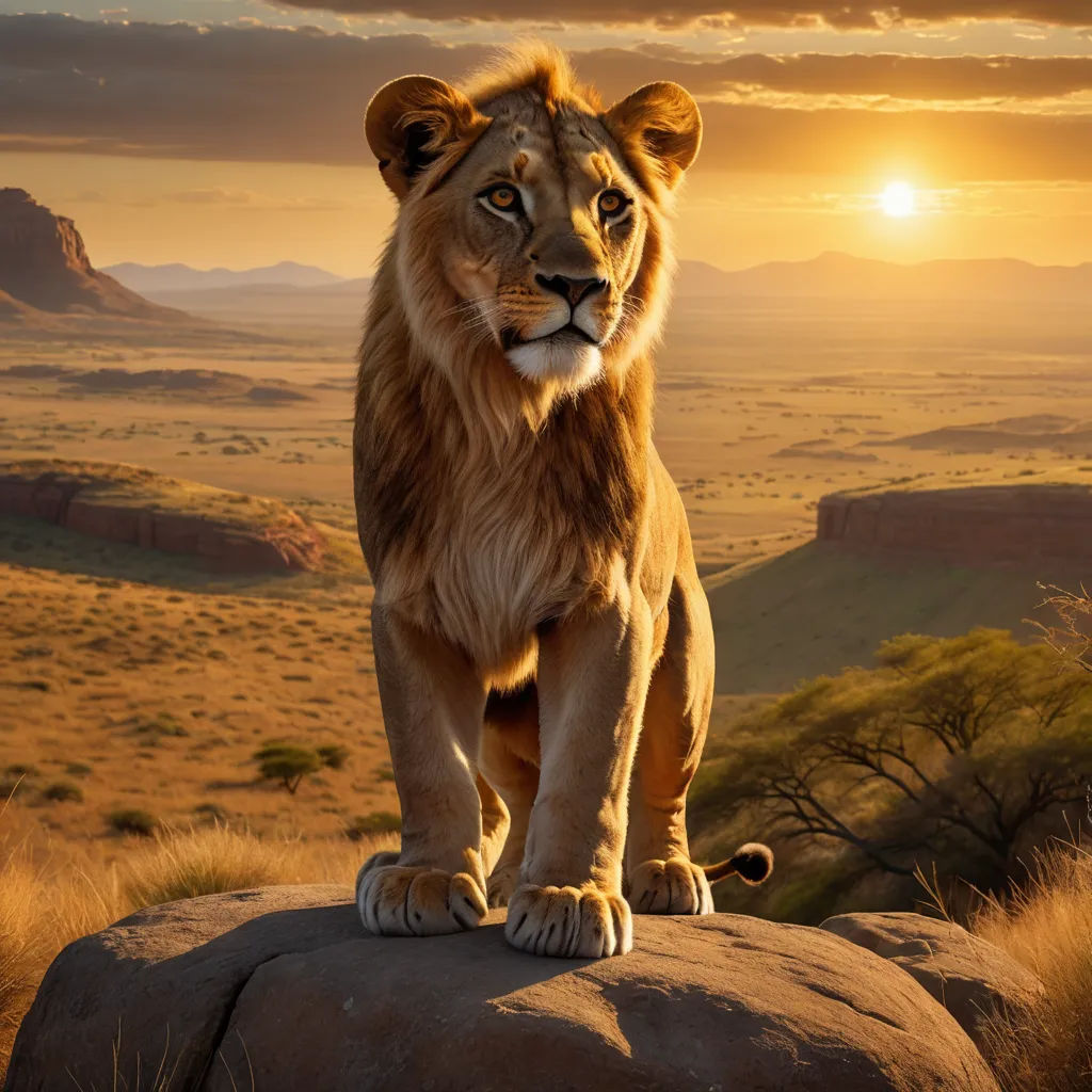 a lion standing on top of a rock in the middle of a field with mountains in the background and a sunset, photorealism, a matte painting, Chris LaBrooy, photoreal