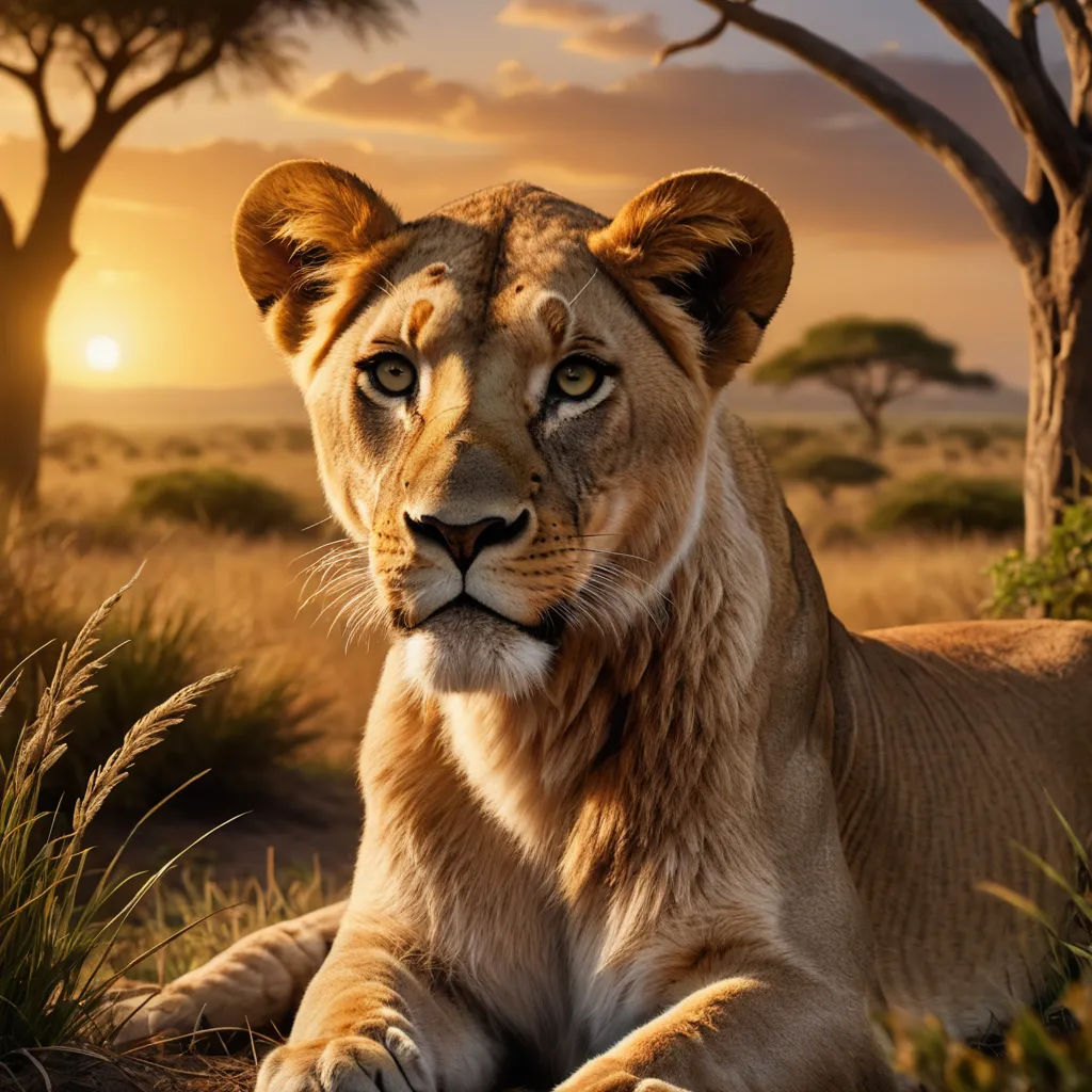 a lion laying in the grass with a sunset in the background and trees in the foreground, with a sun setting behind it, photorealism, a photorealistic painting, Chris LaBrooy, photoreal
