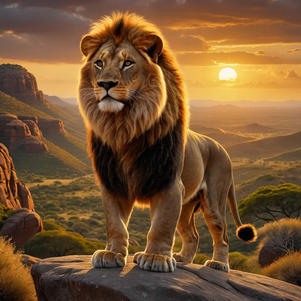 a lion standing on a rock in the middle of a mountain range at sunset with a mountain range in the background, sots art, an airbrush painting, Chris LaBrooy, photoreal