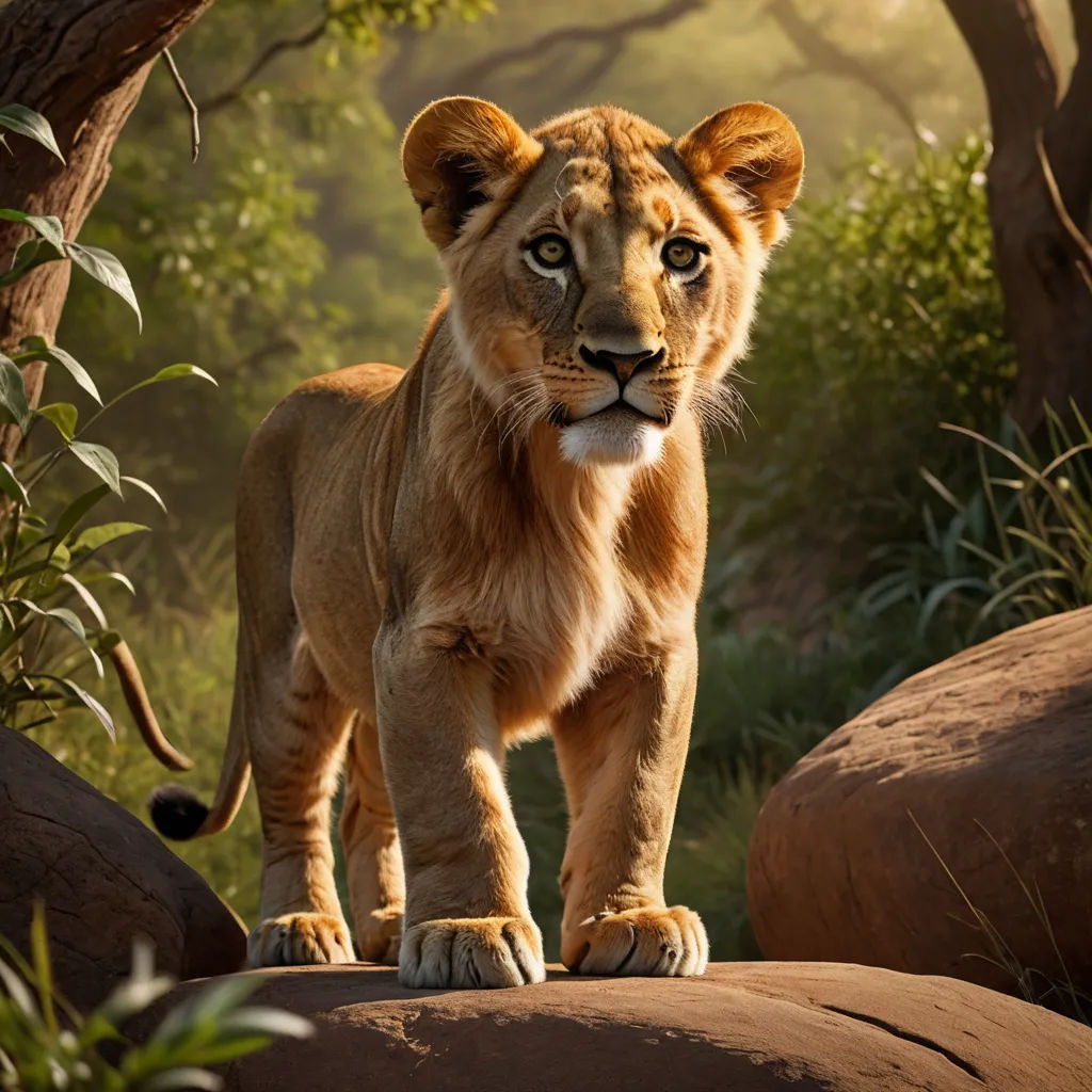 a young lion standing on a rock in the jungle with trees and bushes in the background, with sunlight shining through the leaves, photorealism, a poster, Edward George Handel Lucas, photoreal