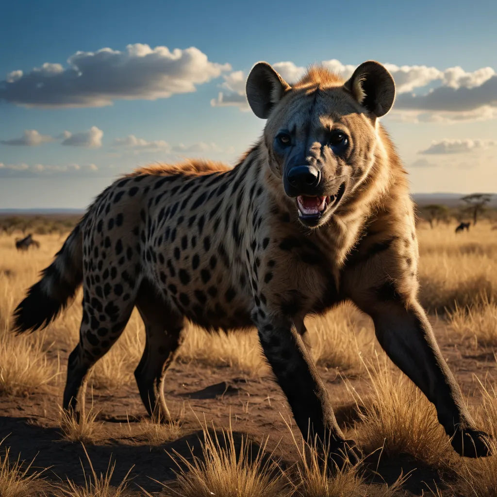 a hyena running through a field with a sky background and clouds in the background, with a hyena in the foreground, photorealism, a stock photo, Arie Smit, animal photography