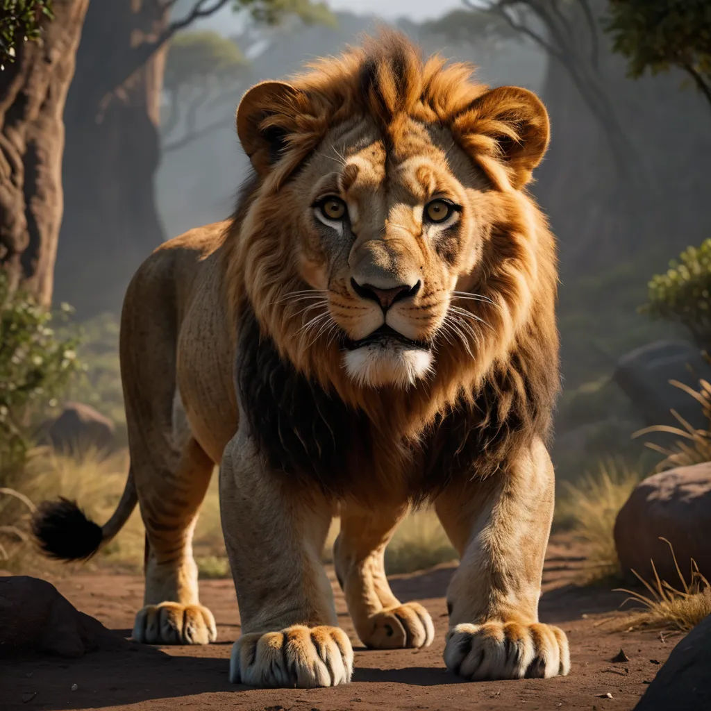 a lion walking across a dirt field next to trees and rocks and grass and rocks are in the background, photorealism, a 3D render, Edward George Handel Lucas, photoreal
