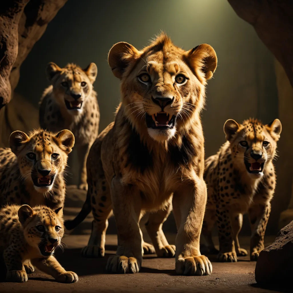 a group of lions standing next to each other on a dirt ground in front of a cave with a light on, furry art, a poster, disney, promotional image