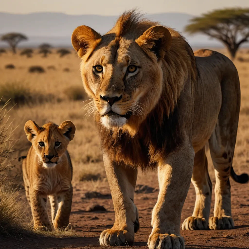 a lion and a cub walking in the desert together, with a mountain in the background, and a distant area in the foreground, naturalism, a stock photo, Art Brenner, wildlife photography