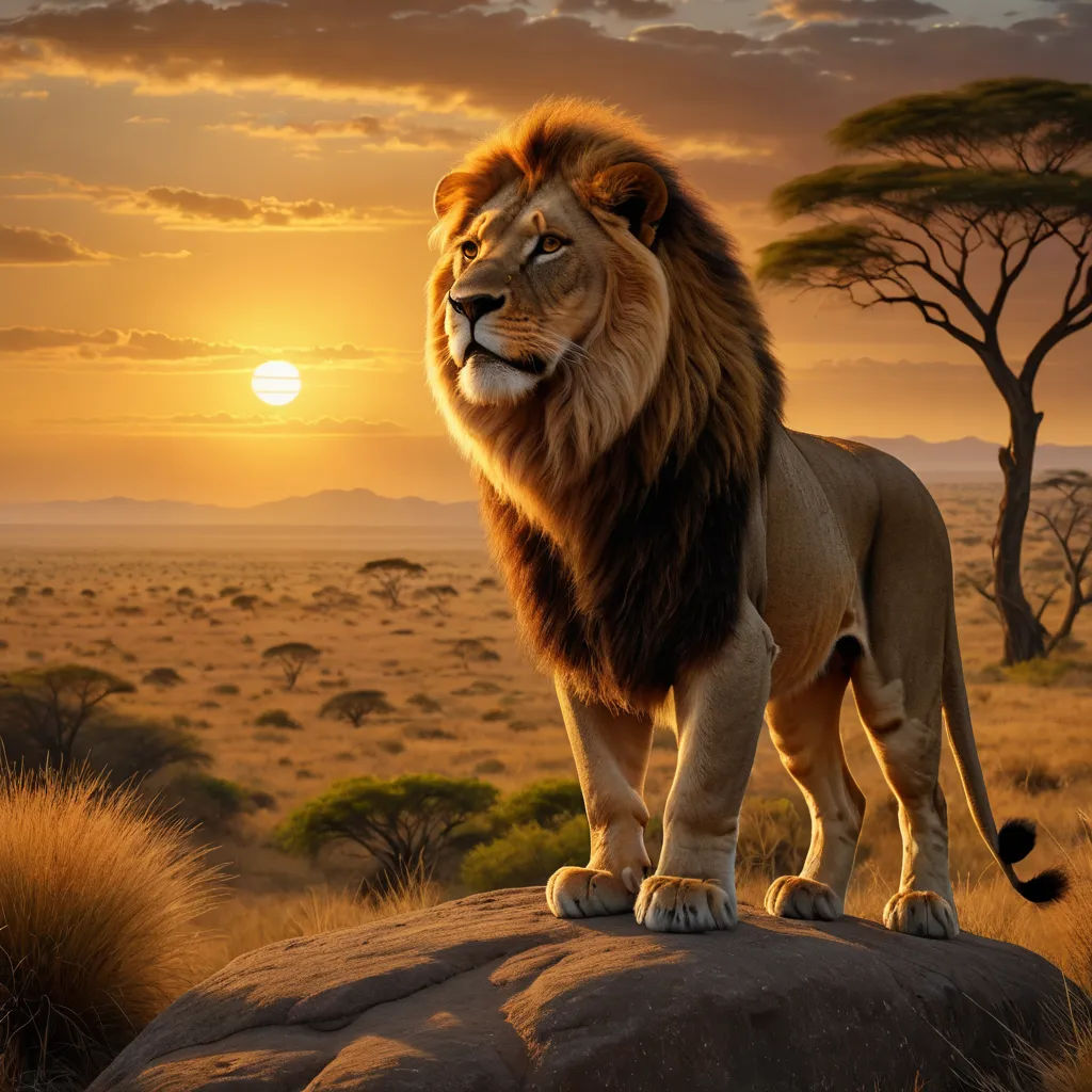 a lion standing on a rock in the middle of a field at sunset with a tree in the background, naturalism, a photorealistic painting, Carlos Catasse, majestic