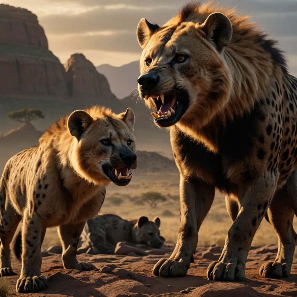 two hyenas are standing on a rocky surface with a mountain in the background and a sky with clouds, furry art, concept art, Brothers Hildebrandt, unreal engine highly rendered