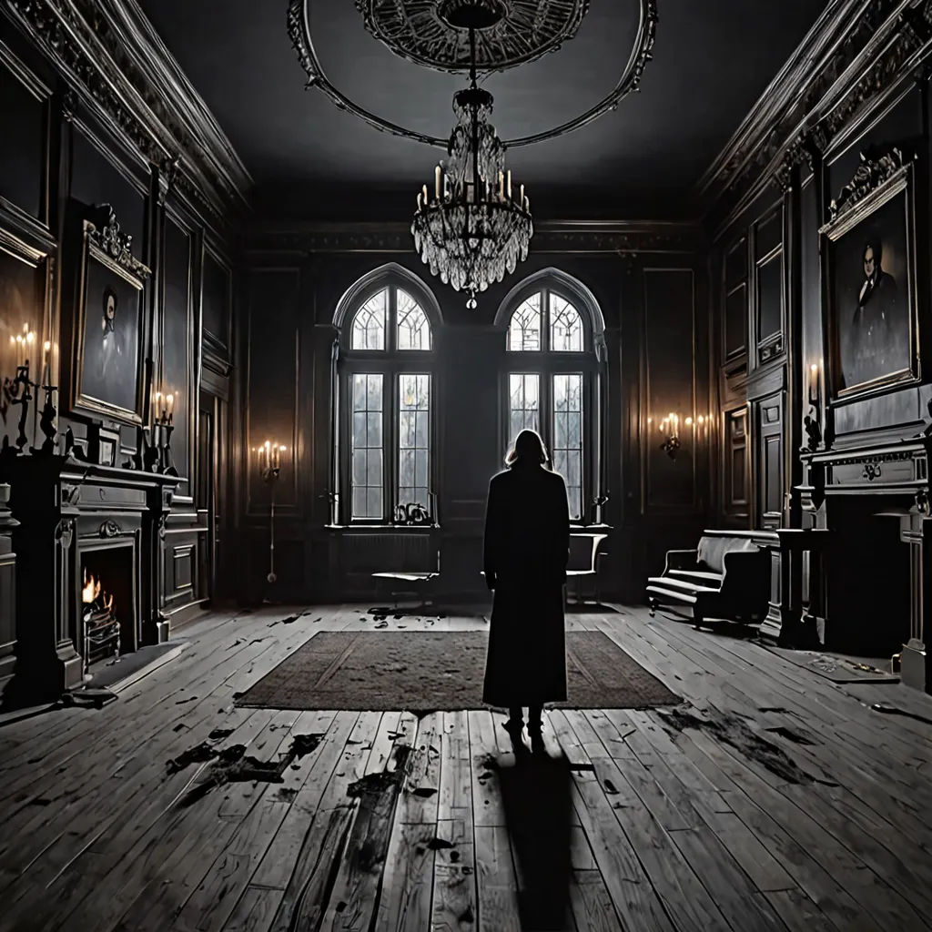 a person standing in a dark room with a chandelier above them and a fireplace in the middle, gothic art, poster art, Dirk Crabeth, promotional image