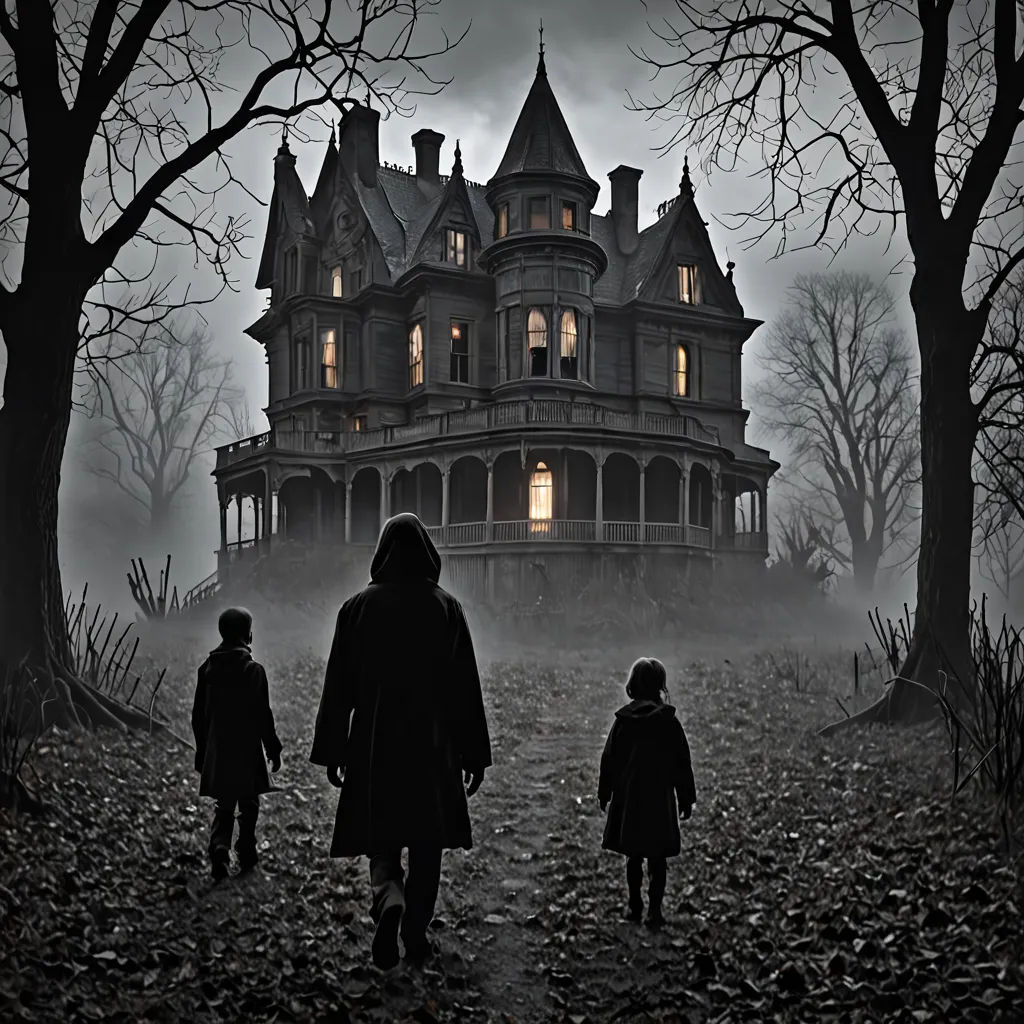 a family walking towards a creepy house in the woods at night with fog and fog coming from the windows, gothic art, a detailed matte painting, Dirk Crabeth, promotional image