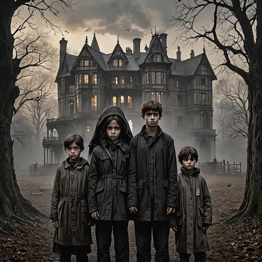 a family standing in front of a creepy house in the woods at night with a full moon in the sky, gothic art, poster art, Anne Said, promotional image