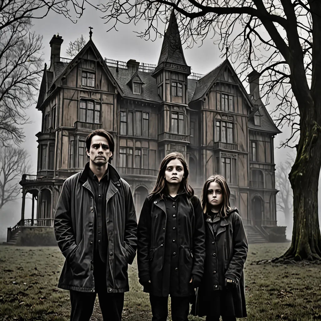 a family standing in front of a large house with a creepy look on their face and hands, in front of a tree, international gothic, poster art, Dirk Crabeth, promotional image