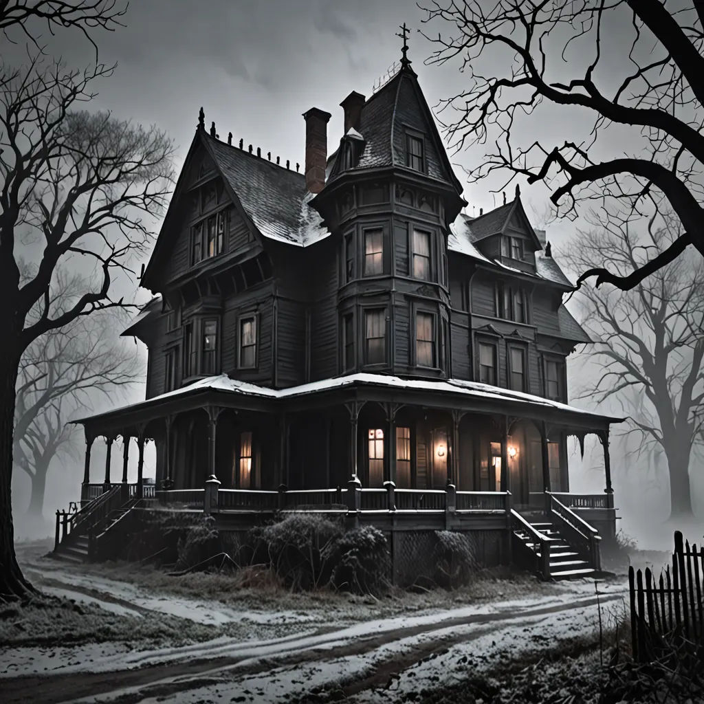 a creepy house with a creepy tree in the background and a creepy road in front of it with a snow covered path, gothic art, a detailed matte painting, Dirk Crabeth, gothic
