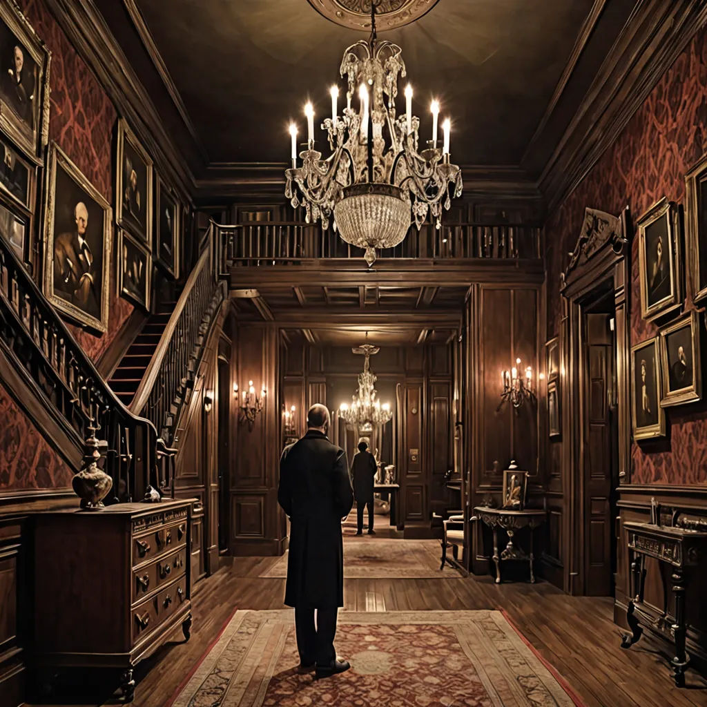 a man in a suit standing in a hallway with a chandelier and a staircase in the background, aestheticism, a detailed matte painting, Ed Benedict, vfx